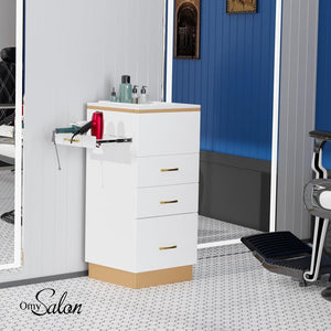 OmySalon Salon Storage Station, Barber Stations Beauty Salon Spa Equipment with 3 Drawers, a Storage Basin, 3 Hair Dryer Holders for Hair Styling, White Gold - Wigtrends