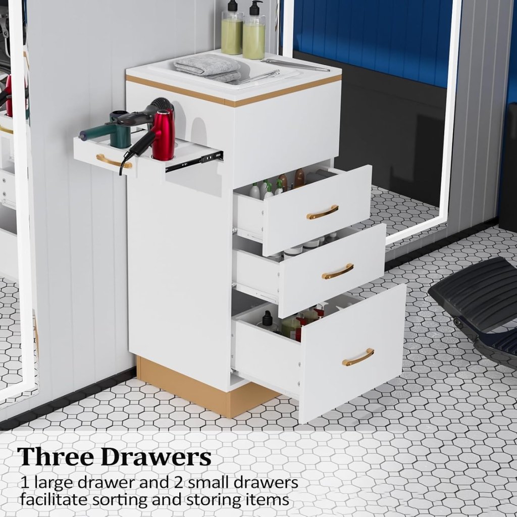 OmySalon Salon Storage Station, Barber Stations Beauty Salon Spa Equipment with 3 Drawers, a Storage Basin, 3 Hair Dryer Holders for Hair Styling, White Gold - Wigtrends