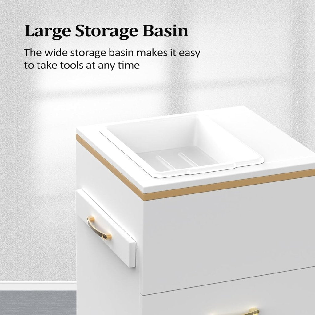 OmySalon Salon Storage Station, Barber Stations Beauty Salon Spa Equipment with 3 Drawers, a Storage Basin, 3 Hair Dryer Holders for Hair Styling, White Gold - Wigtrends