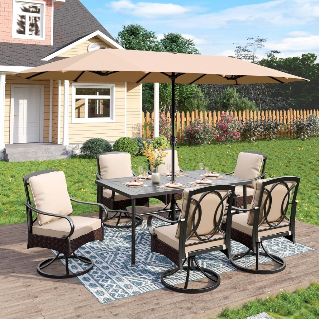 PHI VILLA 6 - Piece Outdoor Dining Sets, All - Weather Patio Table and Chairs Set with Umbrella for 4, Heavy Duty Patio Round Table Set for Deck, 4 Extra Large Outdoor Swivel Chairs with Thick Cushions - Wigtrends