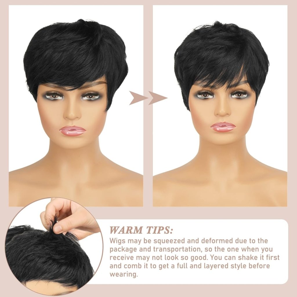 Pixie Cut Human Hair Wigs with Bangs Natural Layered Wavy Different Style Short Wigs - Wigtrends