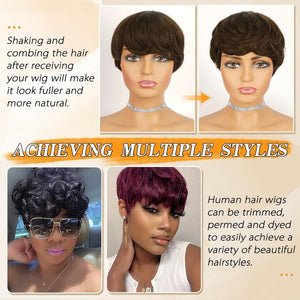 Pixie Cut Human Hair Wigs with Bangs Natural Layered Wavy Different Style Short Wigs - Wigtrends