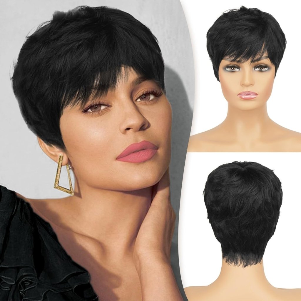 Pixie Cut Human Hair Wigs with Bangs Natural Layered Wavy Different Style Short Wigs - Wigtrends