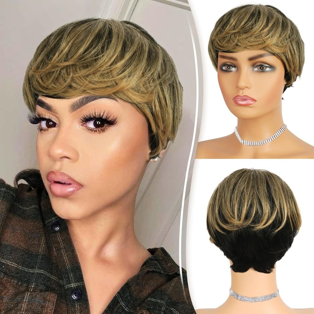 Pixie Cut Human Hair Wigs with Bangs Natural Layered Wavy Different Style Short Wigs - Wigtrends