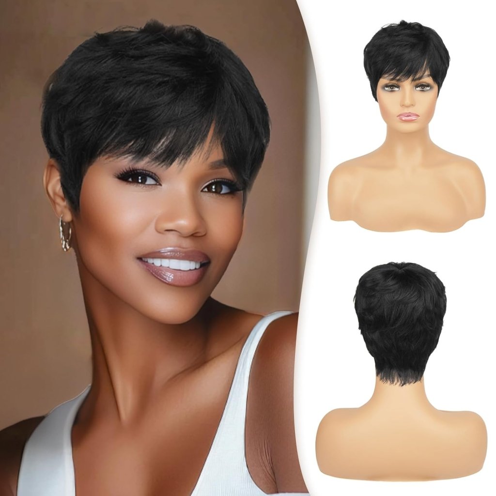 Pixie Cut Human Hair Wigs with Bangs Natural Layered Wavy Different Style Short Wigs - Wigtrends