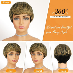 Pixie Cut Human Hair Wigs with Bangs Natural Layered Wavy Different Style Short Wigs - Wigtrends