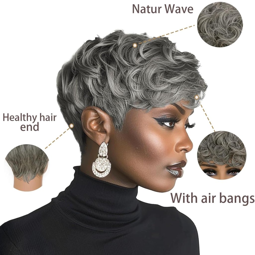 Pixie Cut Wig Short Wigs for Black Women Black Mixed With Grey Human Hair Wigs - Wigtrends