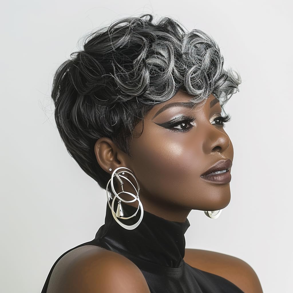 Pixie Cut Wig Short Wigs for Black Women Black Mixed With Grey Human Hair Wigs - Wigtrends