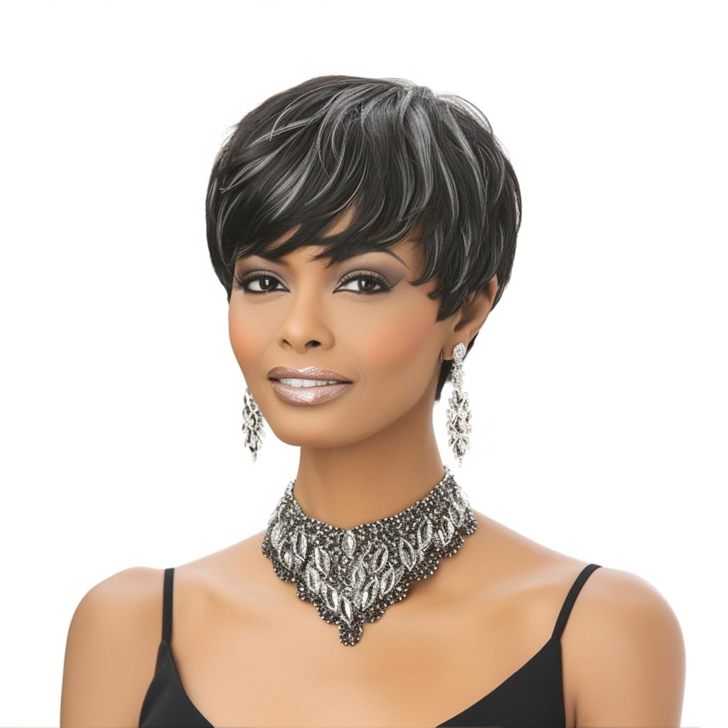 Pixie Cut Wig Short Wigs for Black Women Black Mixed With Grey Human Hair Wigs - Wigtrends