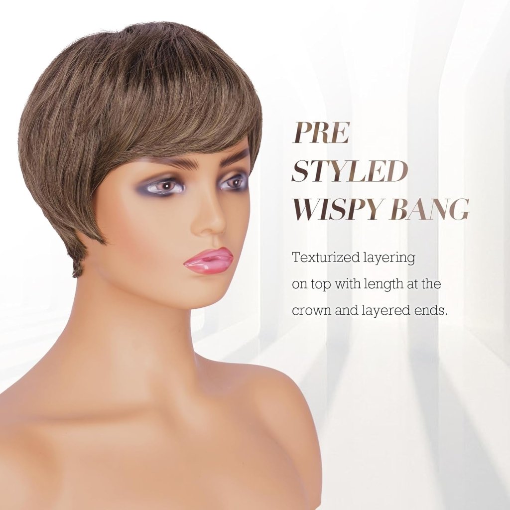 Pixie Cut Wigs Synthetic Short Brown Blonde Bangs Glueless Layered Wavy Wigs - Wigtrends