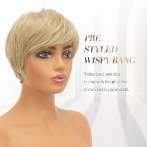 Pixie Cut Wigs Synthetic Short Brown Blonde Bangs Glueless Layered Wavy Wigs - Wigtrends