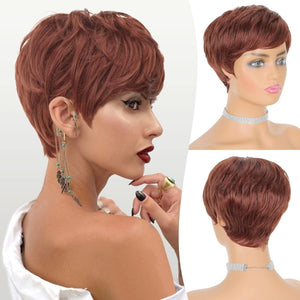 Pixie Cut Wigs Synthetic Short Brown Blonde Bangs Glueless Layered Wavy Wigs - Wigtrends