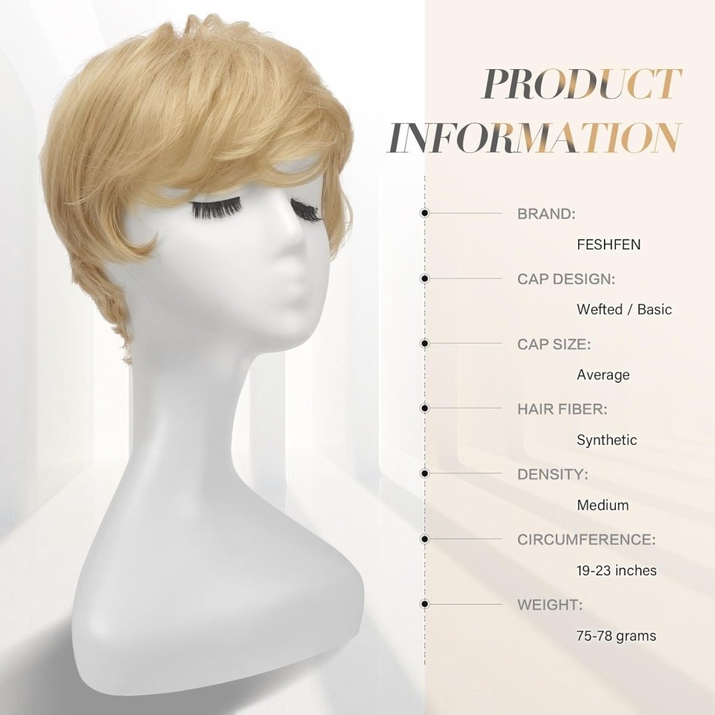 Pixie Cut Wigs Synthetic Short Brown Blonde Bangs Glueless Layered Wavy Wigs - Wigtrends