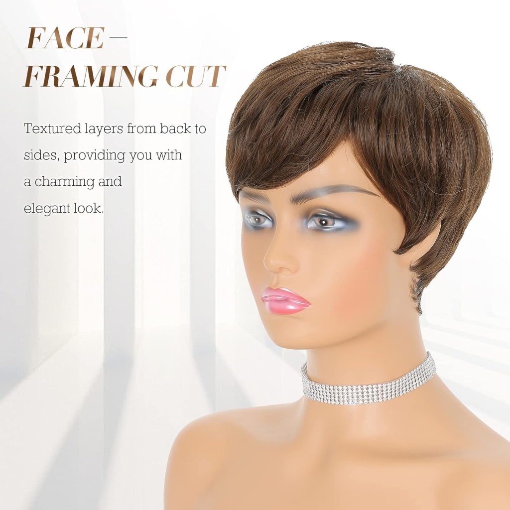 Pixie Cut Wigs Synthetic Short Brown Blonde Bangs Glueless Layered Wavy Wigs - Wigtrends