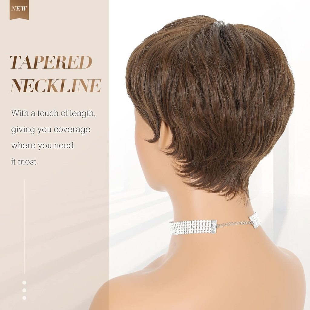 Pixie Cut Wigs Synthetic Short Brown Blonde Bangs Glueless Layered Wavy Wigs - Wigtrends