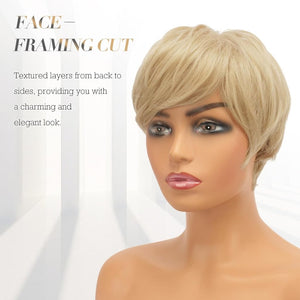 Pixie Cut Wigs Synthetic Short Brown Blonde Bangs Glueless Layered Wavy Wigs - Wigtrends