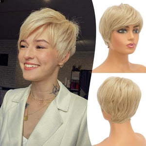 Pixie Cut Wigs Synthetic Short Brown Blonde Bangs Glueless Layered Wavy Wigs - Wigtrends