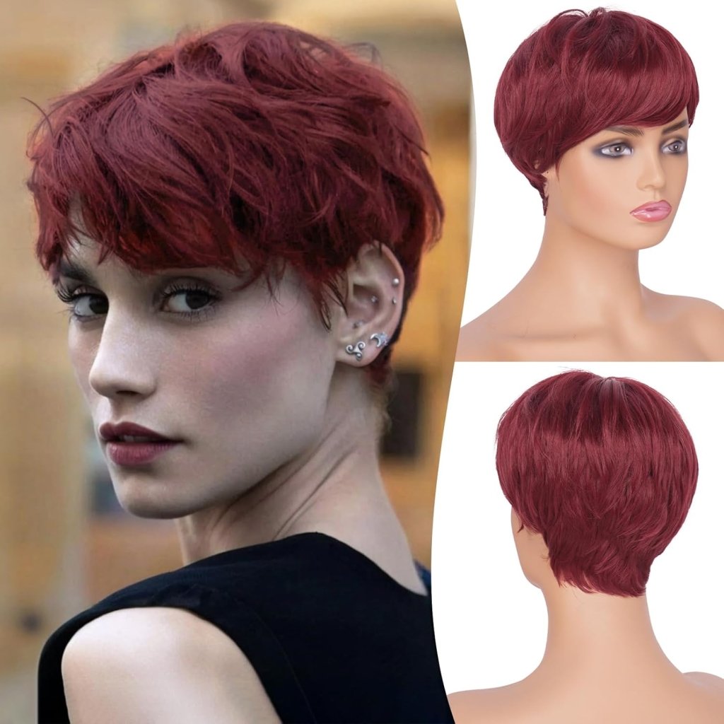 Pixie Cut Wigs Synthetic Short Brown Blonde Bangs Glueless Layered Wavy Wigs - Wigtrends