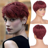 Pixie Cut Wigs Synthetic Short Brown Blonde Bangs Glueless Layered Wavy Wigs - Wigtrends