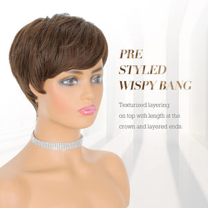 Pixie Cut Wigs Synthetic Short Brown Blonde Bangs Glueless Layered Wavy Wigs - Wigtrends