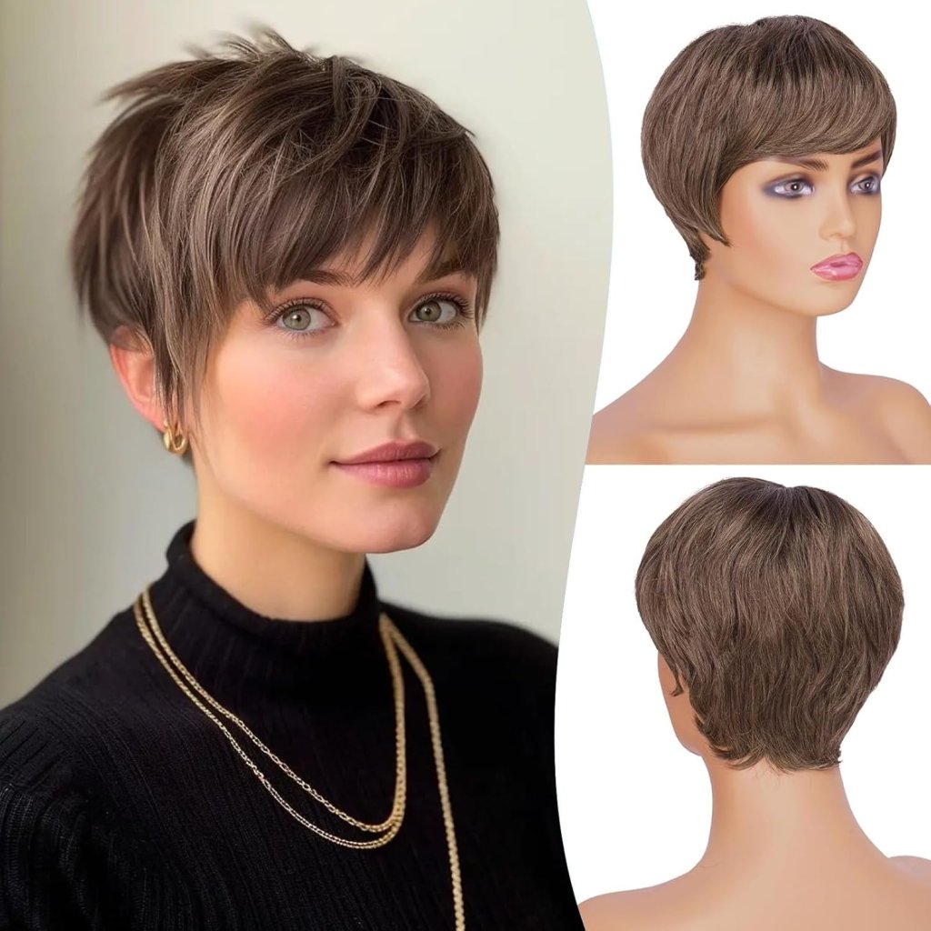 Pixie Cut Wigs Synthetic Short Brown Blonde Bangs Glueless Layered Wavy Wigs - Wigtrends