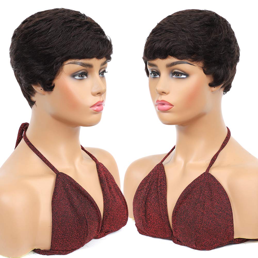 Pixie Wigs Short Black Wavy Layered Short Human Hair Wigs for Black Women - Wigtrends