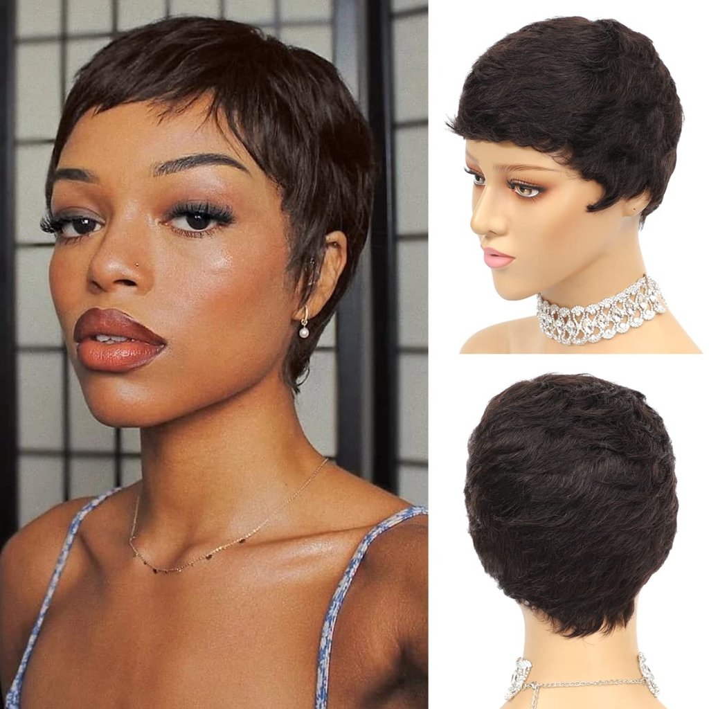 Pixie Wigs Short Black Wavy Layered Short Human Hair Wigs for Black Women - Wigtrends