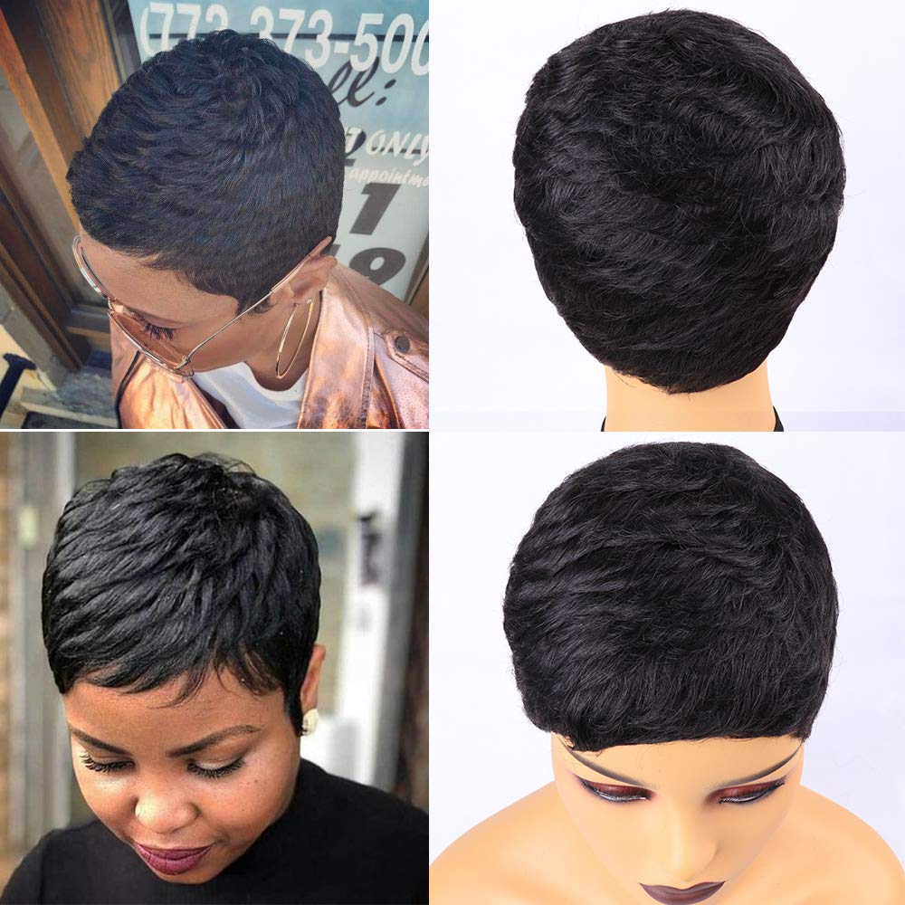 Pixie Wigs Short Black Wavy Layered Short Human Hair Wigs for Black Women - Wigtrends