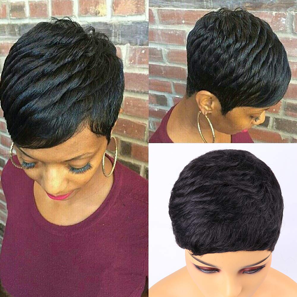 Pixie Wigs Short Black Wavy Layered Short Human Hair Wigs for Black Women - Wigtrends