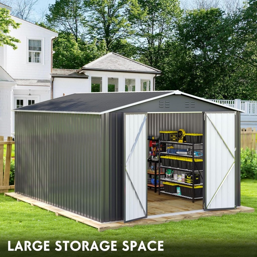 Polar Aurora 8 x 12 FT Outdoor Storage Shed, Metal Garden Shed with Updated Frame Structure, Tool Sheds for Backyard Garden Patio Lawn Black - Wigtrends