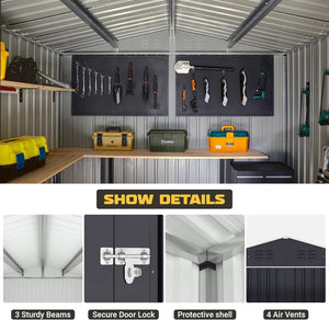 Polar Aurora 8 x 12 FT Outdoor Storage Shed, Metal Garden Shed with Updated Frame Structure, Tool Sheds for Backyard Garden Patio Lawn Black - Wigtrends
