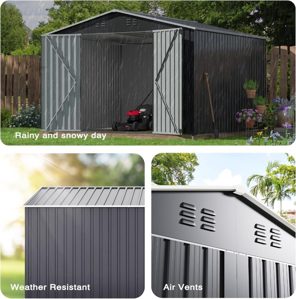 Polar Aurora 8 x 12 FT Outdoor Storage Shed, Metal Garden Shed with Updated Frame Structure, Tool Sheds for Backyard Garden Patio Lawn Black - Wigtrends