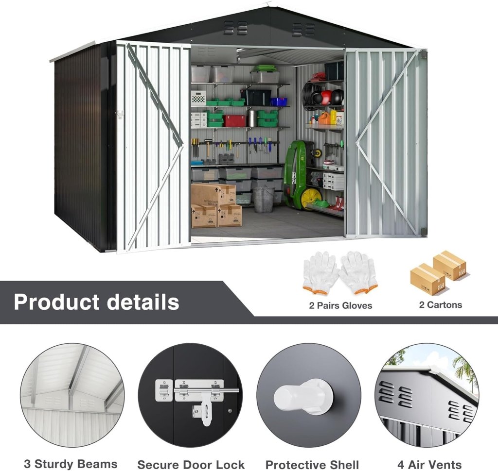 Polar Aurora 8 x 12 FT Outdoor Storage Shed, Metal Garden Shed with Updated Frame Structure, Tool Sheds for Backyard Garden Patio Lawn Black - Wigtrends