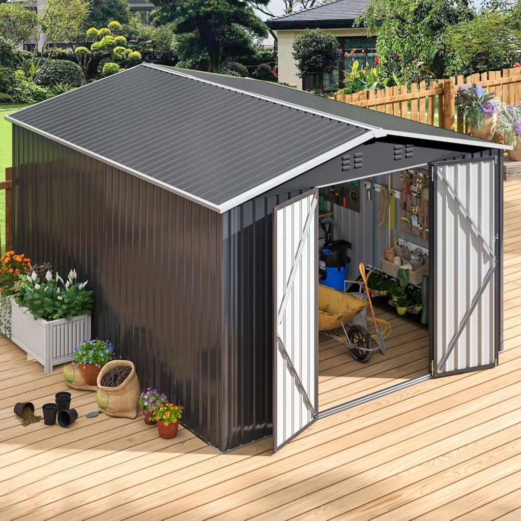 Polar Aurora 8 x 12 FT Outdoor Storage Shed, Metal Garden Shed with Updated Frame Structure, Tool Sheds for Backyard Garden Patio Lawn Black - Wigtrends