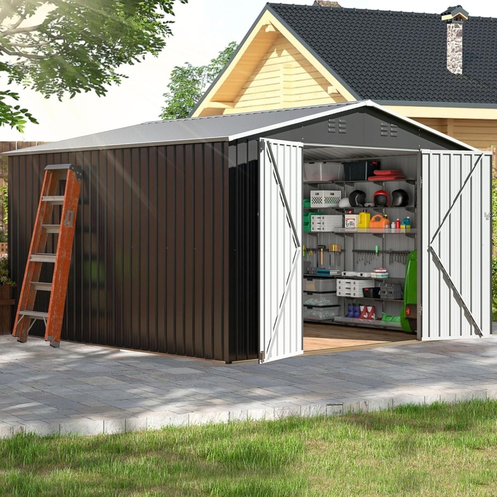 Polar Aurora 8 x 12 FT Outdoor Storage Shed, Metal Garden Shed with Updated Frame Structure, Tool Sheds for Backyard Garden Patio Lawn Black - Wigtrends