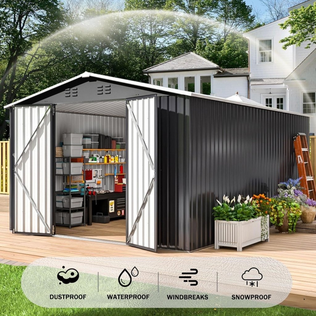 Polar Aurora 8 x 12 FT Outdoor Storage Shed, Metal Garden Shed with Updated Frame Structure, Tool Sheds for Backyard Garden Patio Lawn Black - Wigtrends