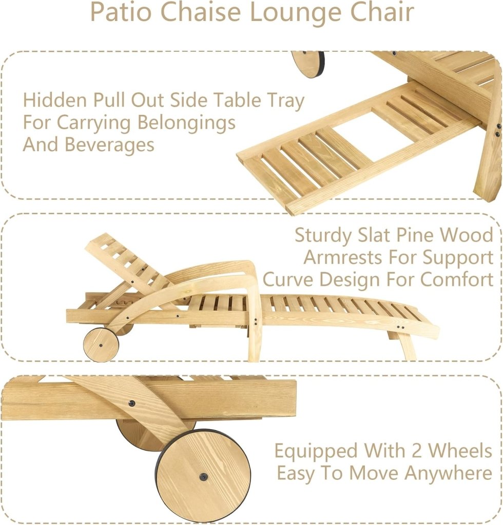 Pool Chaise Lounge Chairs Set of 4 5 - Position Adjustable Outdoor Patio Lounge Chairs Wood Reclining Chaise Lounger Chair with Pullout Side Table - Wigtrends