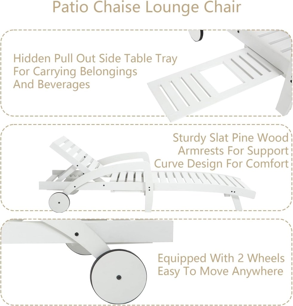 Pool Chaise Lounge Chairs Set of 4 5 - Position Adjustable Outdoor Patio Lounge Chairs Wood Reclining Chaise Lounger Chair with Pullout Side Table - Wigtrends