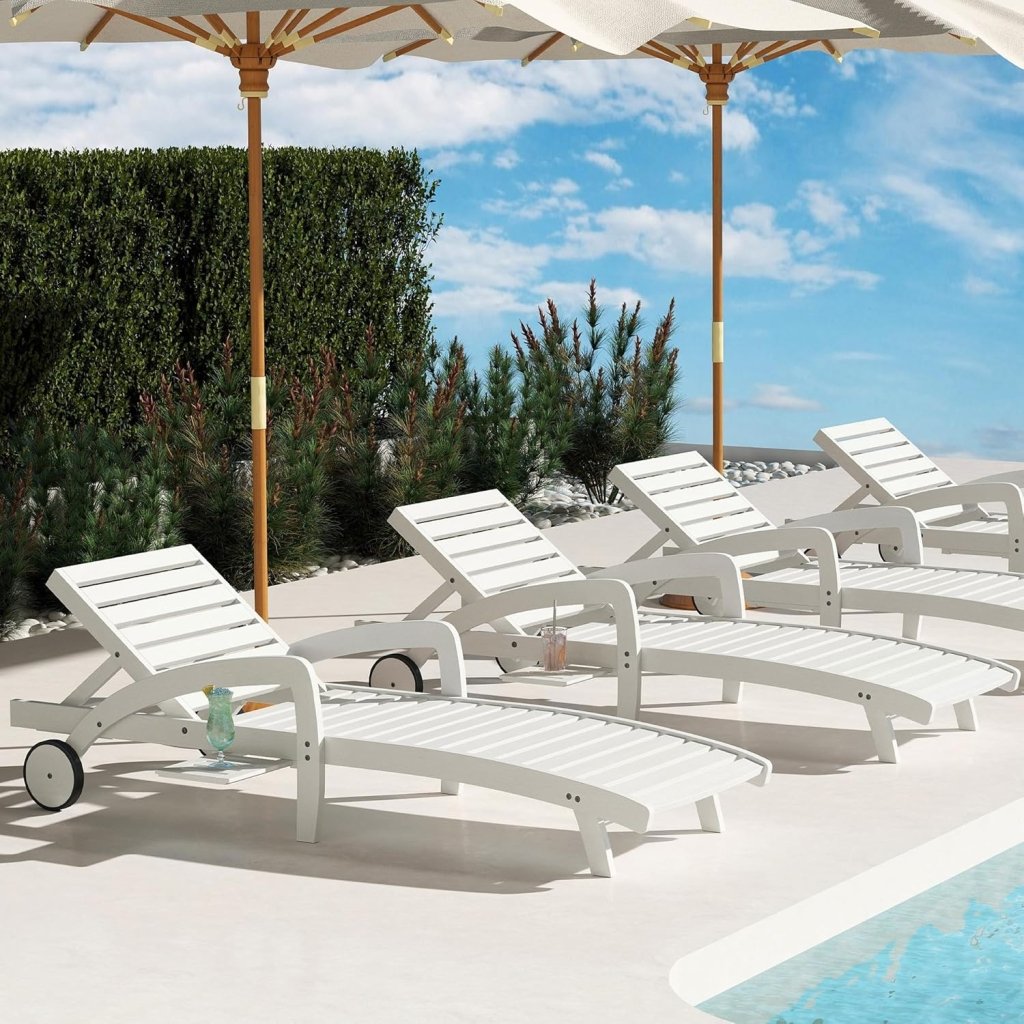 Pool Chaise Lounge Chairs Set of 4 5 - Position Adjustable Outdoor Patio Lounge Chairs Wood Reclining Chaise Lounger Chair with Pullout Side Table - Wigtrends