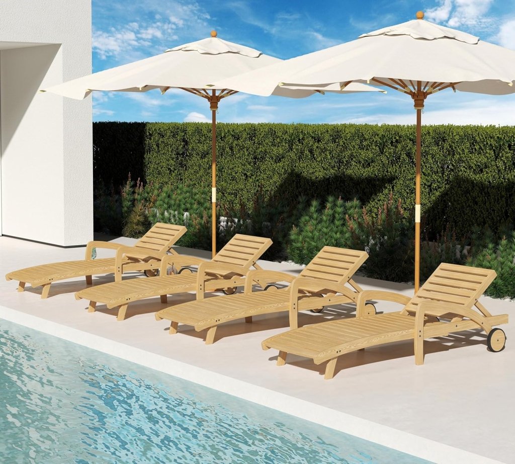 Pool Chaise Lounge Chairs Set of 4 5 - Position Adjustable Outdoor Patio Lounge Chairs Wood Reclining Chaise Lounger Chair with Pullout Side Table - Wigtrends