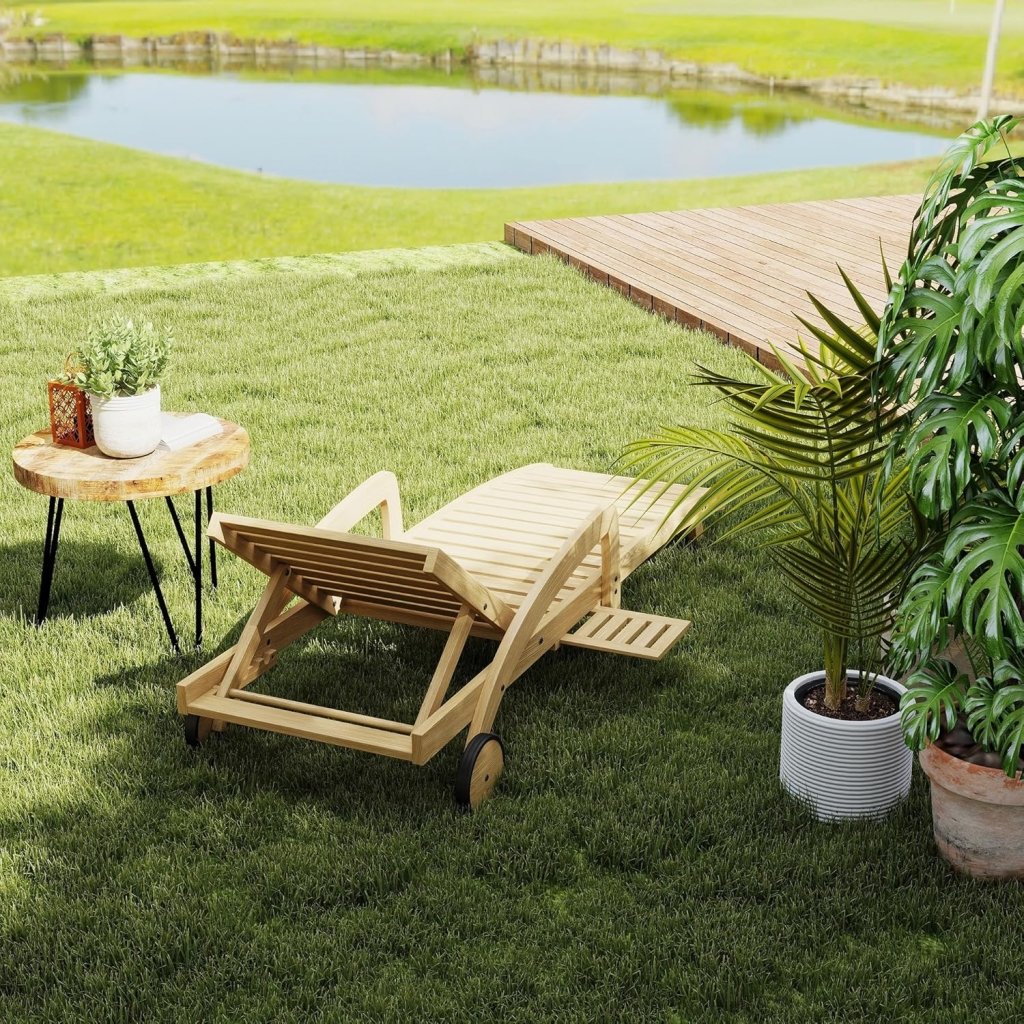 Pool Chaise Lounge Chairs Set of 4 5 - Position Adjustable Outdoor Patio Lounge Chairs Wood Reclining Chaise Lounger Chair with Pullout Side Table - Wigtrends