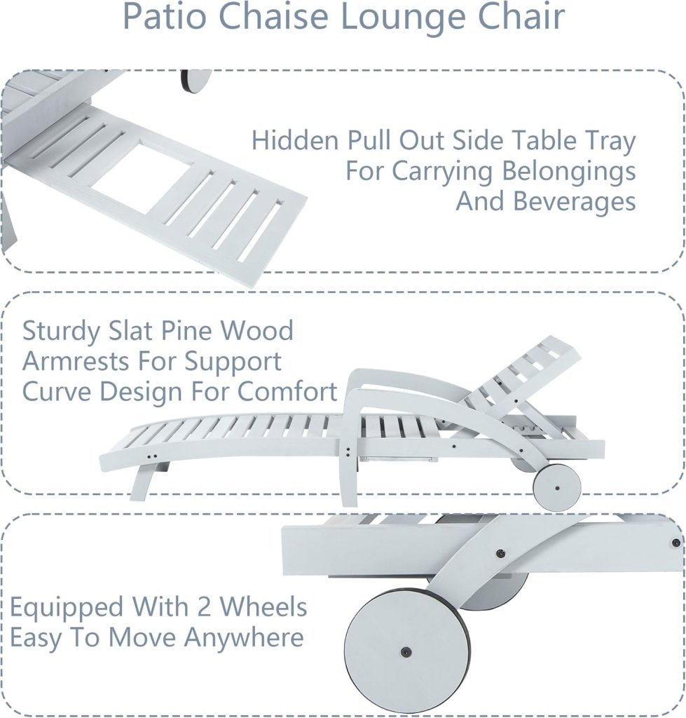 Pool Chaise Lounge Chairs Set of 4 5 - Position Adjustable Outdoor Patio Lounge Chairs Wood Reclining Chaise Lounger Chair with Pullout Side Table - Wigtrends