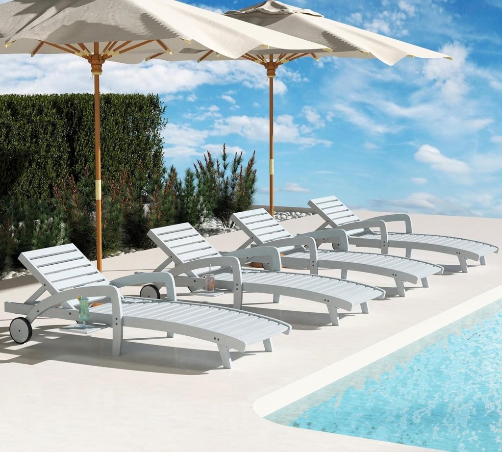 Pool Chaise Lounge Chairs Set of 4 5 - Position Adjustable Outdoor Patio Lounge Chairs Wood Reclining Chaise Lounger Chair with Pullout Side Table - Wigtrends