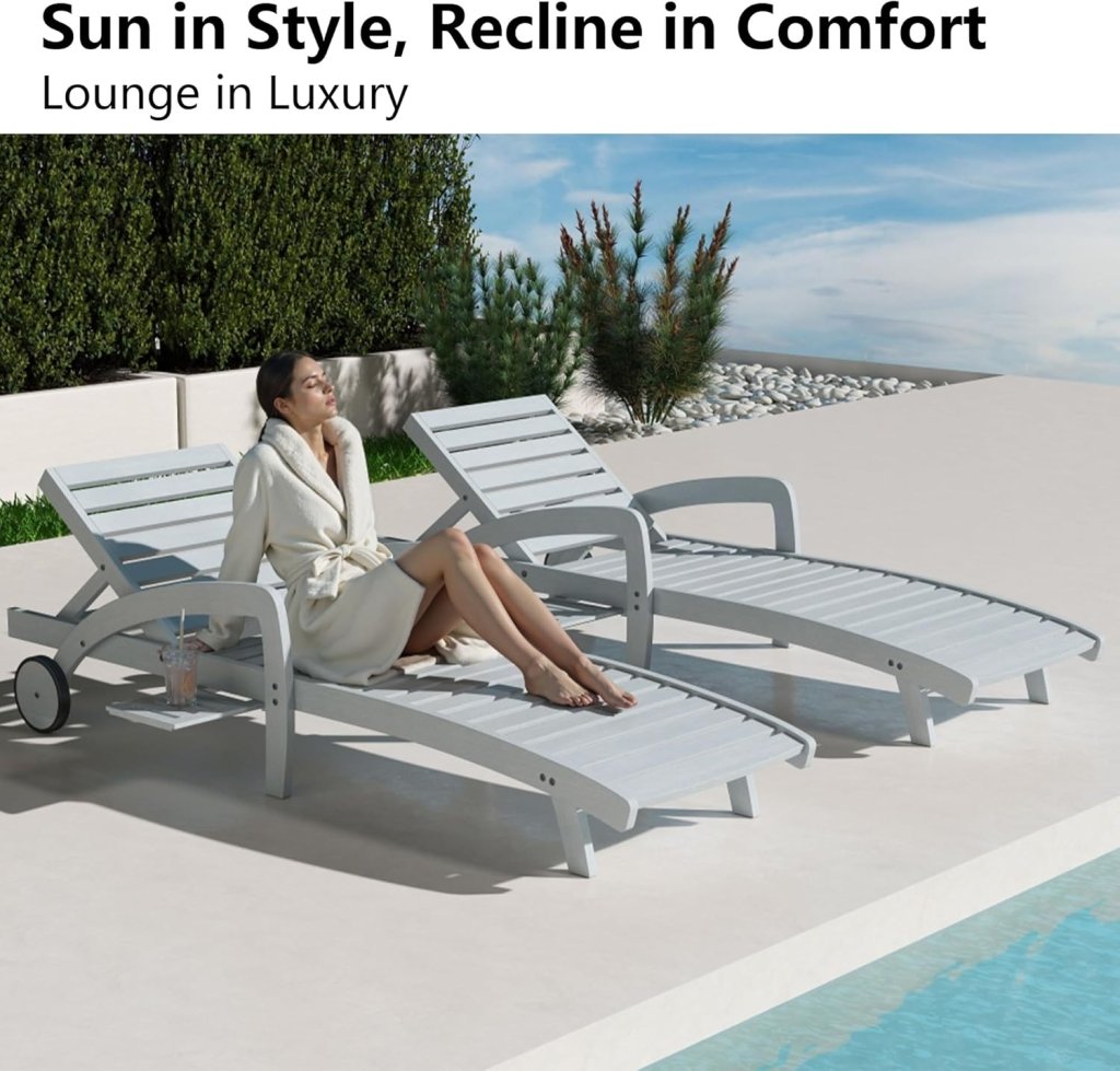Pool Chaise Lounge Chairs Set of 4 5 - Position Adjustable Outdoor Patio Lounge Chairs Wood Reclining Chaise Lounger Chair with Pullout Side Table - Wigtrends