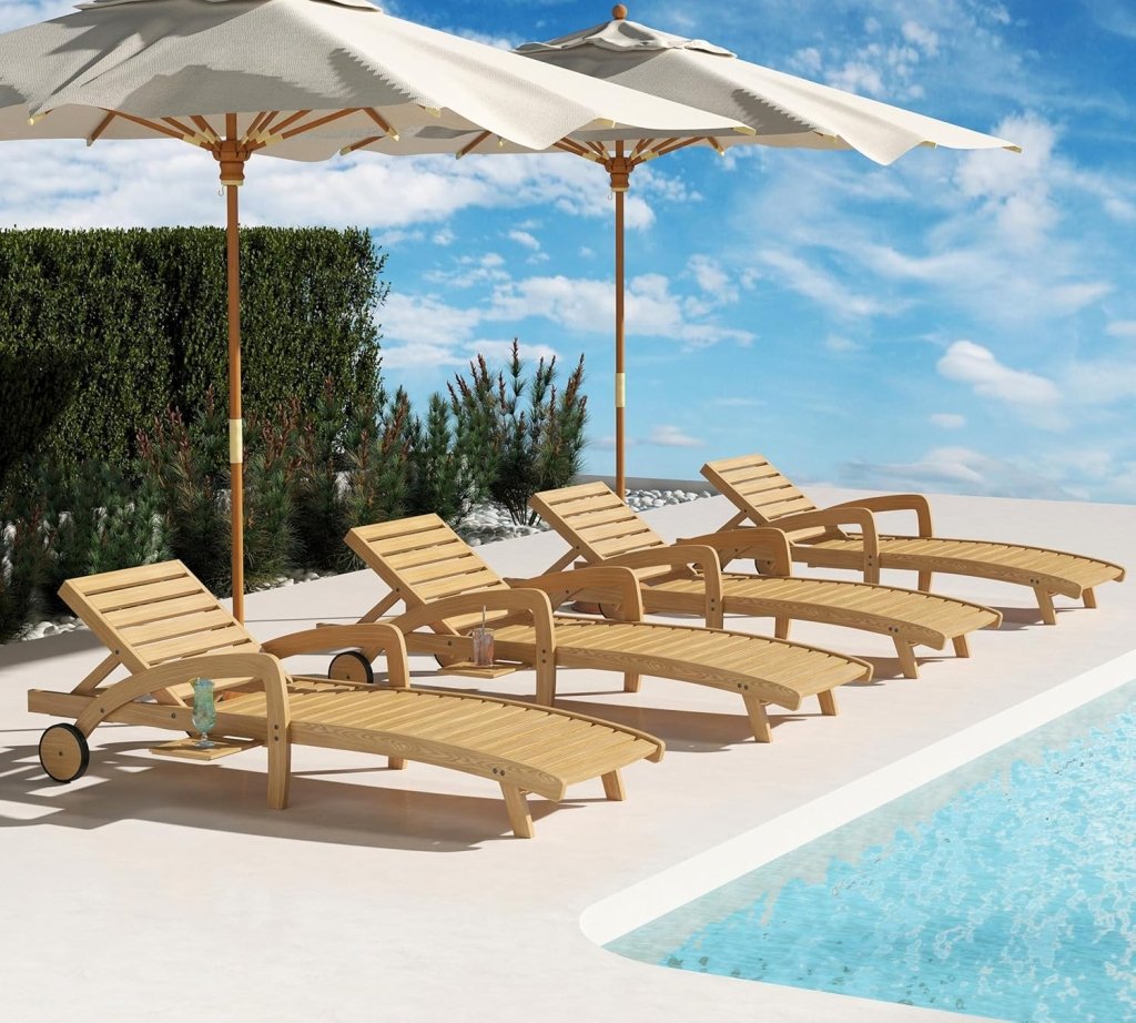 Pool Chaise Lounge Chairs Set of 4 5 - Position Adjustable Outdoor Patio Lounge Chairs Wood Reclining Chaise Lounger Chair with Pullout Side Table - Wigtrends