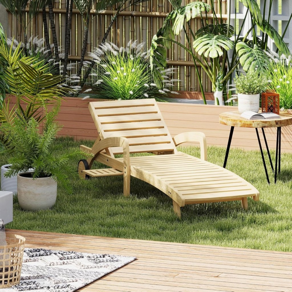 Pool Chaise Lounge Chairs Set of 4 5 - Position Adjustable Outdoor Patio Lounge Chairs Wood Reclining Chaise Lounger Chair with Pullout Side Table - Wigtrends
