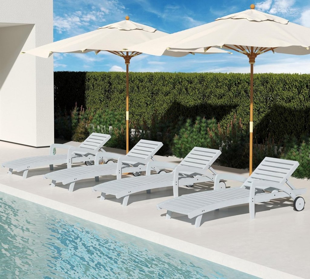 Pool Chaise Lounge Chairs Set of 4 5 - Position Adjustable Outdoor Patio Lounge Chairs Wood Reclining Chaise Lounger Chair with Pullout Side Table - Wigtrends
