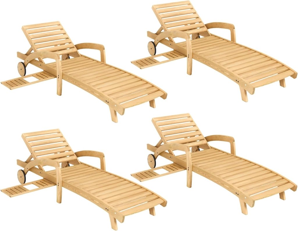 Pool Chaise Lounge Chairs Set of 4 5 - Position Adjustable Outdoor Patio Lounge Chairs Wood Reclining Chaise Lounger Chair with Pullout Side Table - Wigtrends