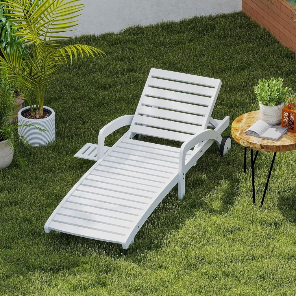 Pool Chaise Lounge Chairs Set of 4 5 - Position Adjustable Outdoor Patio Lounge Chairs Wood Reclining Chaise Lounger Chair with Pullout Side Table - Wigtrends
