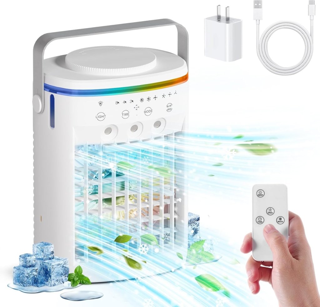 Portable Air Conditioner,Cooling Fan with 3 Speeds &3 Modes,2 - 8H Timer,1000ml Water Tank, Remote Control,4 in 1 Humidifier, Air Conditioner,Fan,Night Light,Evaporative Air Cooler for Home,Office - Wigtrends